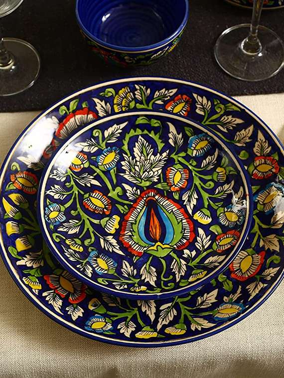 caffeine ceramic handmade blue jaipuri dinner set (37 pieces - microwave & dishwasher safe)