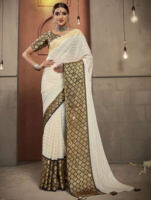beige stripes saree - 19333503 - Standard Image - 0