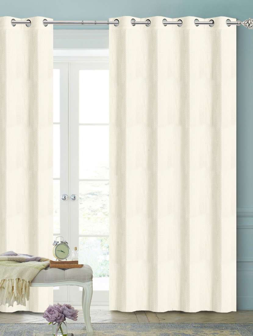 saral home ivory decorative waffle design cotton yarn eyelet door curtains - ( set of 2, 4x7 feet ) - 19334333 - Zoom Image - 0