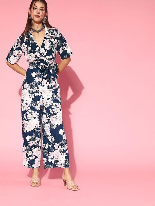 navy blue polyester full leg jumpsuit - 19336304 - Standard Image - 0