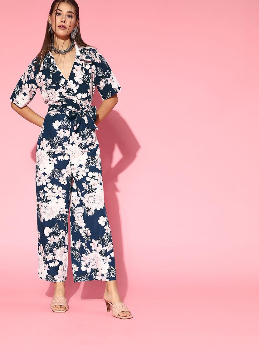 navy blue polyester full leg jumpsuit - 19336304 - Zoom Image - 0