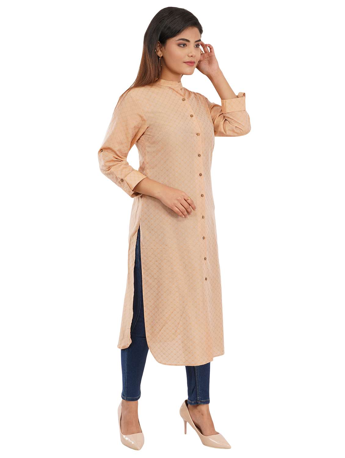self design cotton front slit kurta - 19336979 -  Standard Image - 3