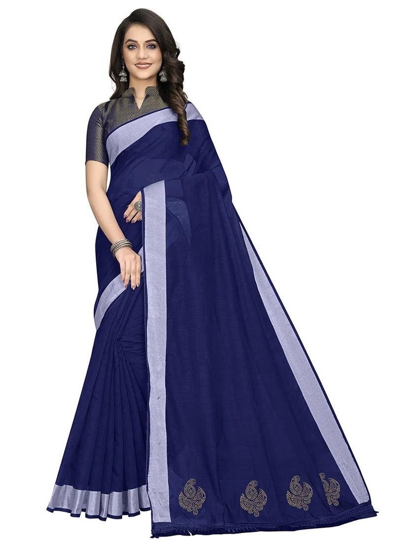 women's bordered navy blue colored saree with blouse