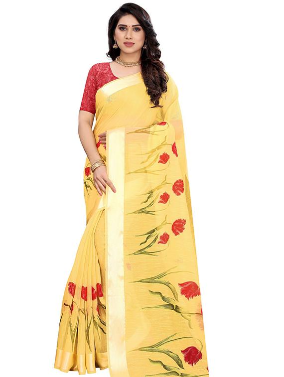yellow printed saree with blouse - 19345730 - Zoom Image - 0