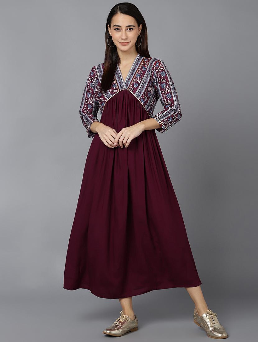 burgundy v-neck fit & flare dress - 19345935 - Zoom Image - 0