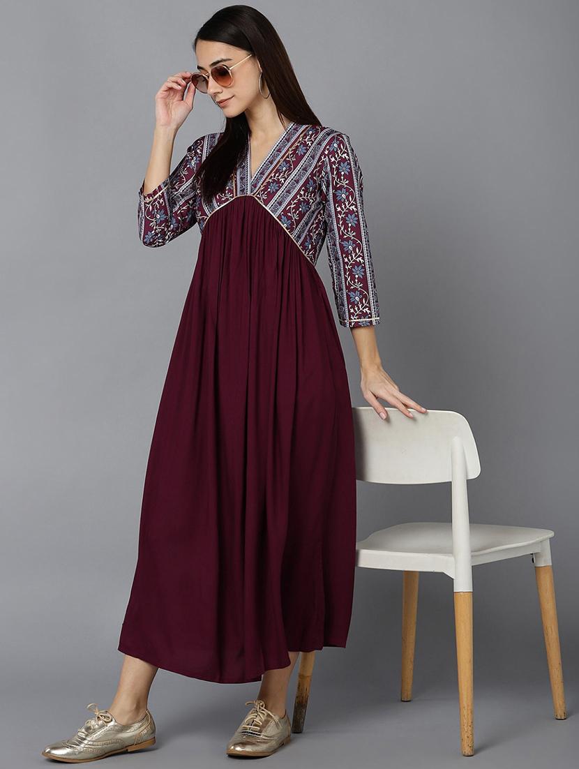 burgundy v-neck fit & flare dress - 19345935 - Standard Image - 3