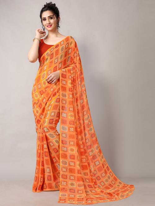 orange printed saree with blouse - 19349510 - Standard Image - 0