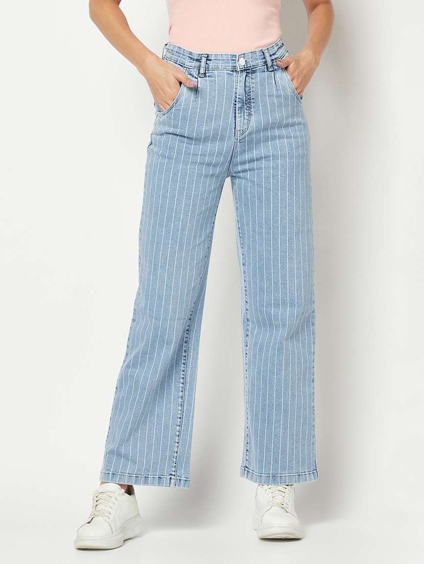 light blue striped mid rise straight jean