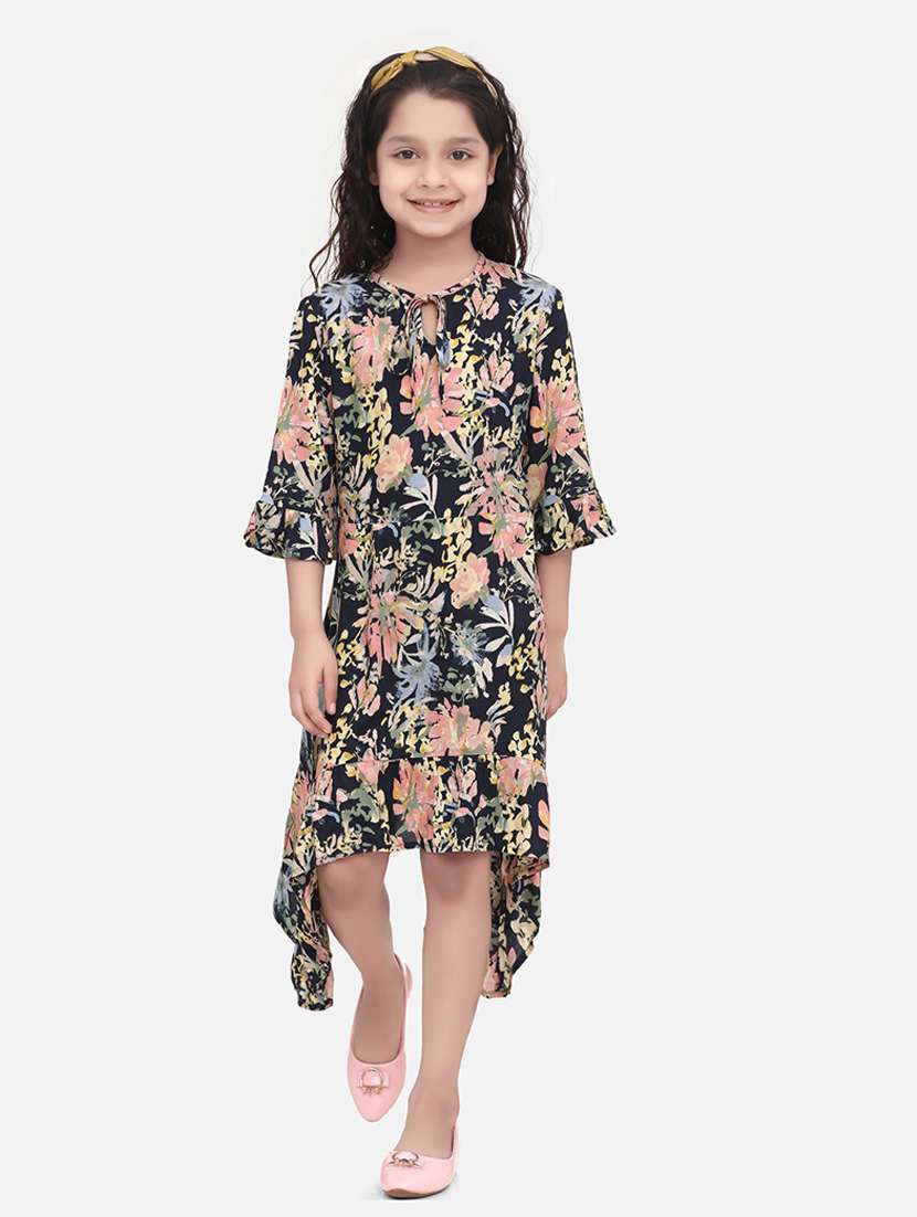 girls round neck three quarter sleeves frock - 19370836 - Zoom Image - 0