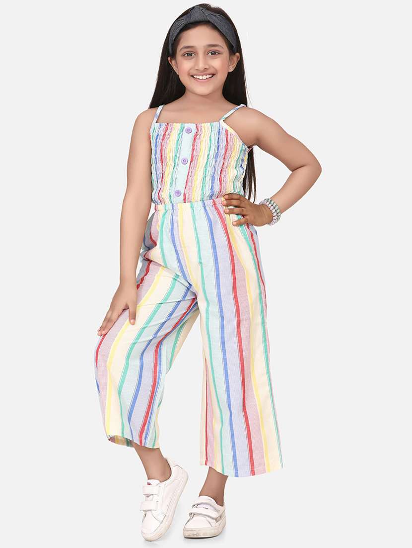multi colored cotton blend full length jumpsuit