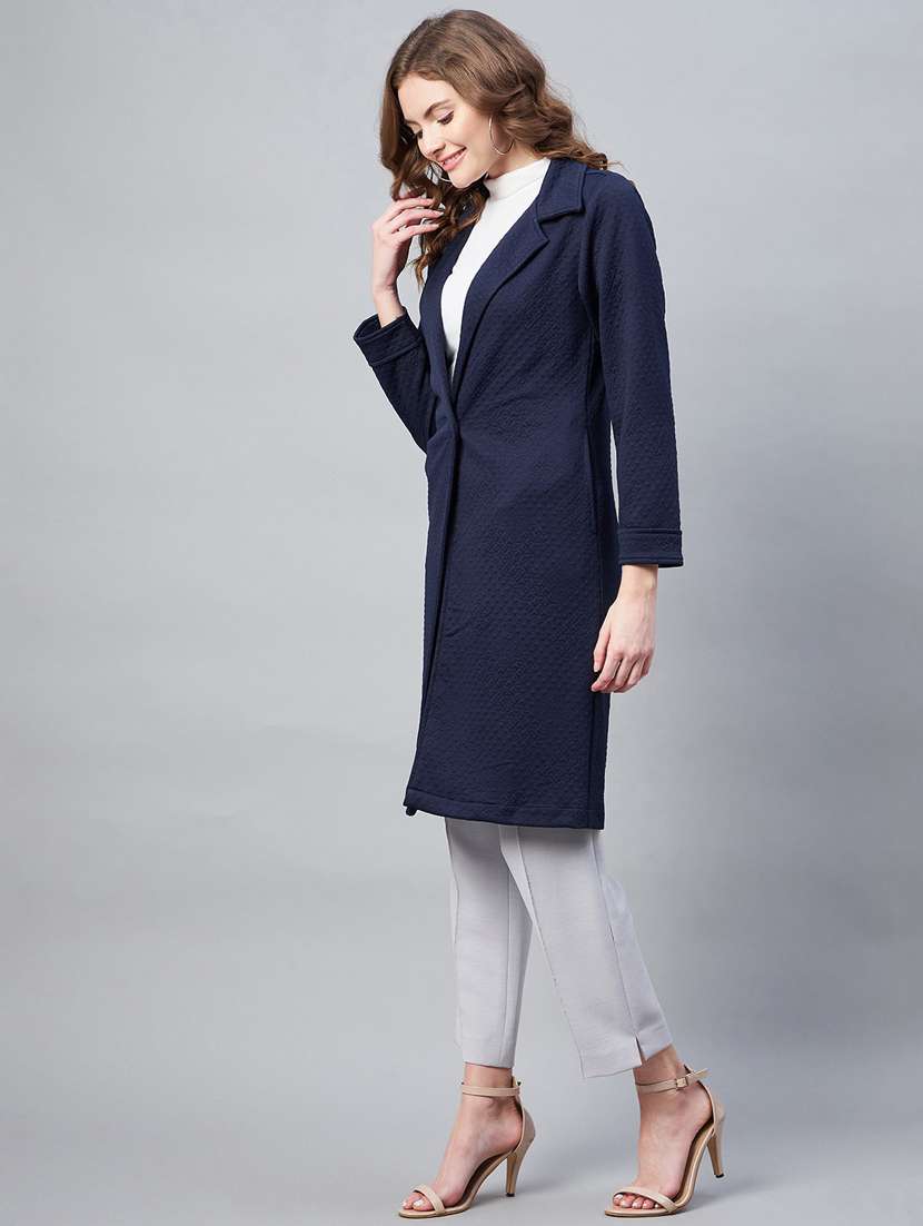 navy blue lapel neck solid regular coat - 19371145 -  Standard Image - 3