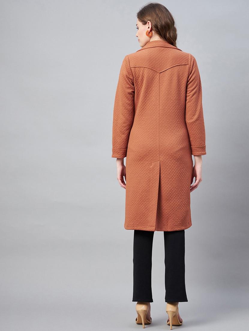 brown lapel neck solid regular coat - 19371146 - Standard Image - 3