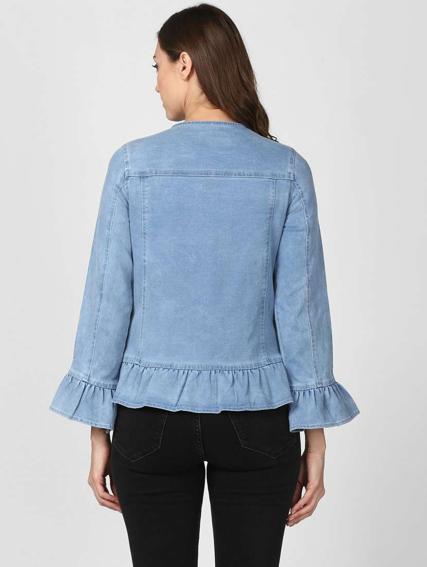 blue solid ruffle hem bell sleeves denim jacket - 19371517 -  Standard Image - 3