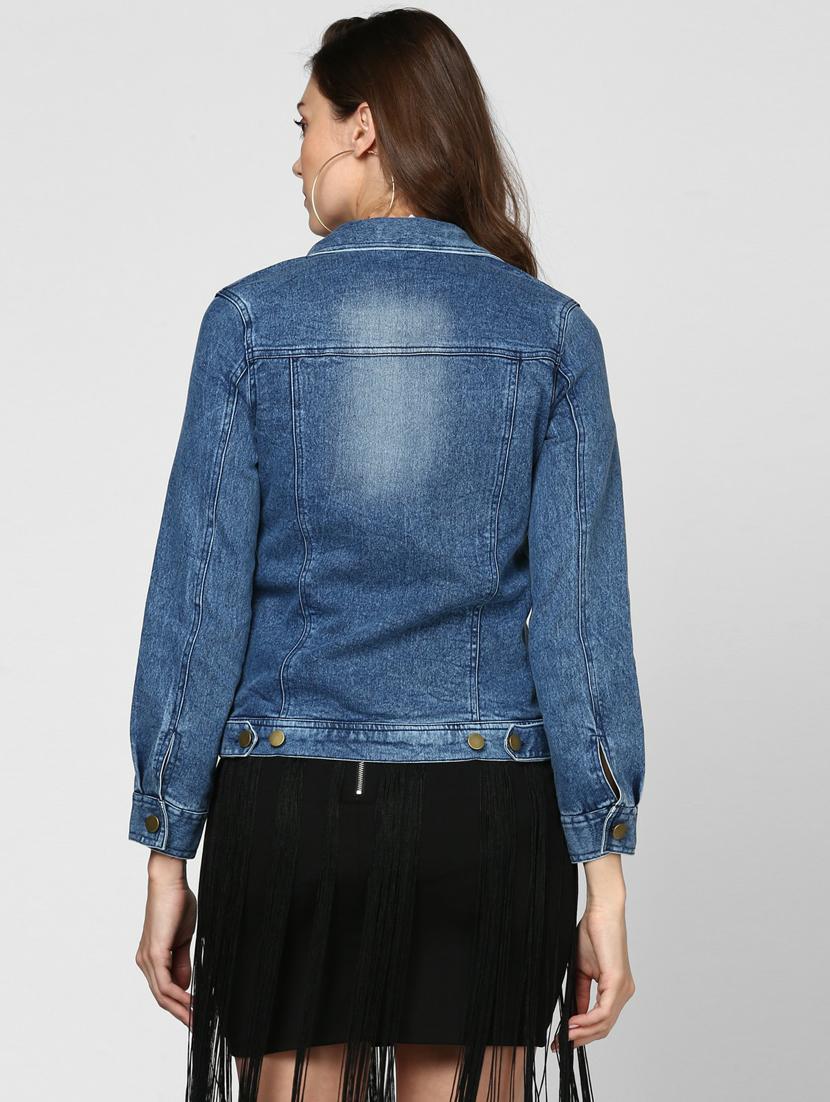 blue solid washed denim jacket - 19371525 - Standard Image - 3
