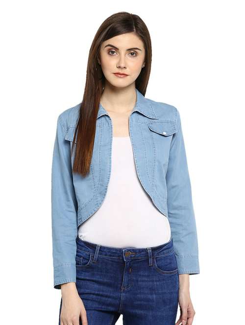 light blue solid long sleeves denim crop shrug - 19371644 - Standard Image - 0