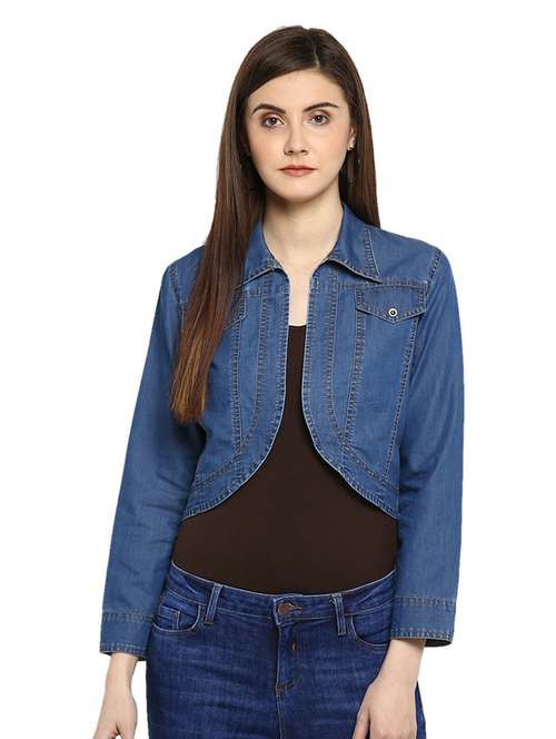 blue solid long sleeves denim crop shrug - 19371646 -  Standard Image - 0