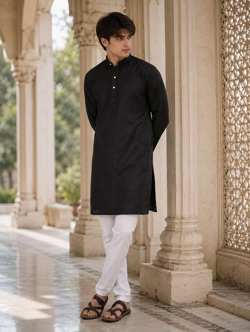 men mandarin neck solid kurta pyjama set 