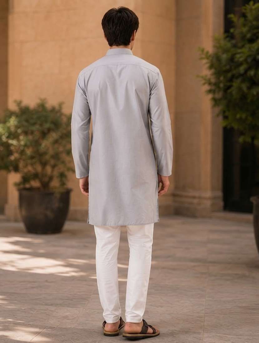 grey mandarin neck solid kurta pyjama set - 19382622 -  Standard Image - 3