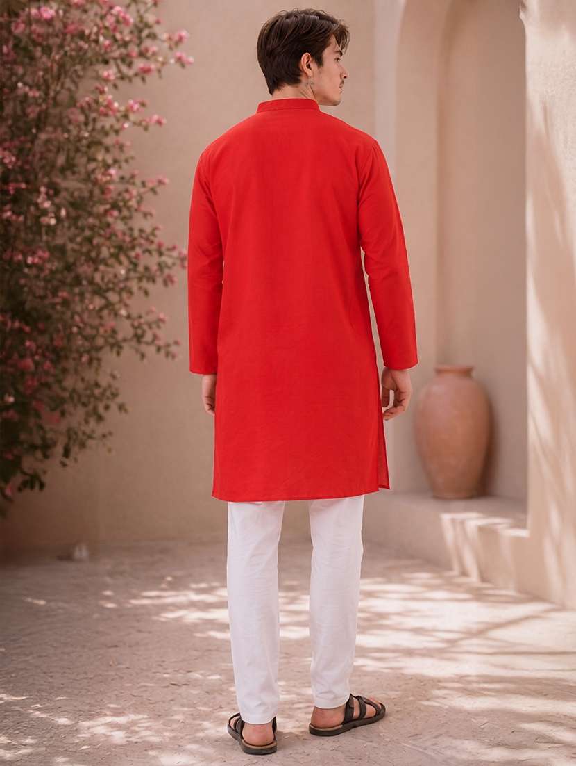 mandarin neck solid kurta pyjama set - 19382629 -  Standard Image - 3