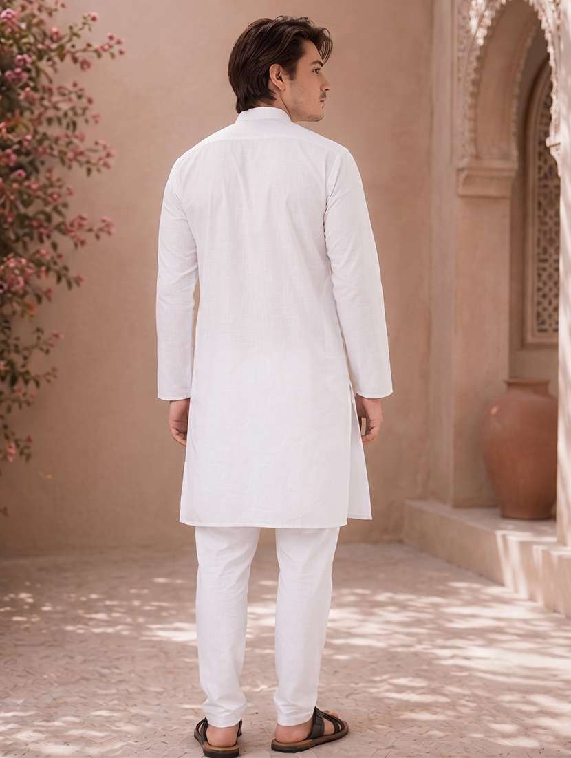 white mandarin neck solid kurta pyjama set - 19382631 -  Standard Image - 3