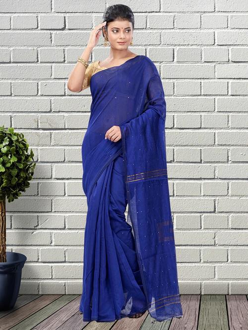 women's solid with work navy blue colored saree with blouse - 19404583 -  Standard Image - 0