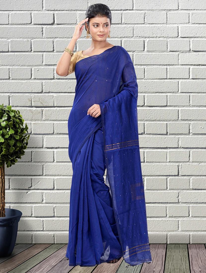 women's solid with work navy blue colored saree with blouse - 19404583 -  Zoom Image - 0