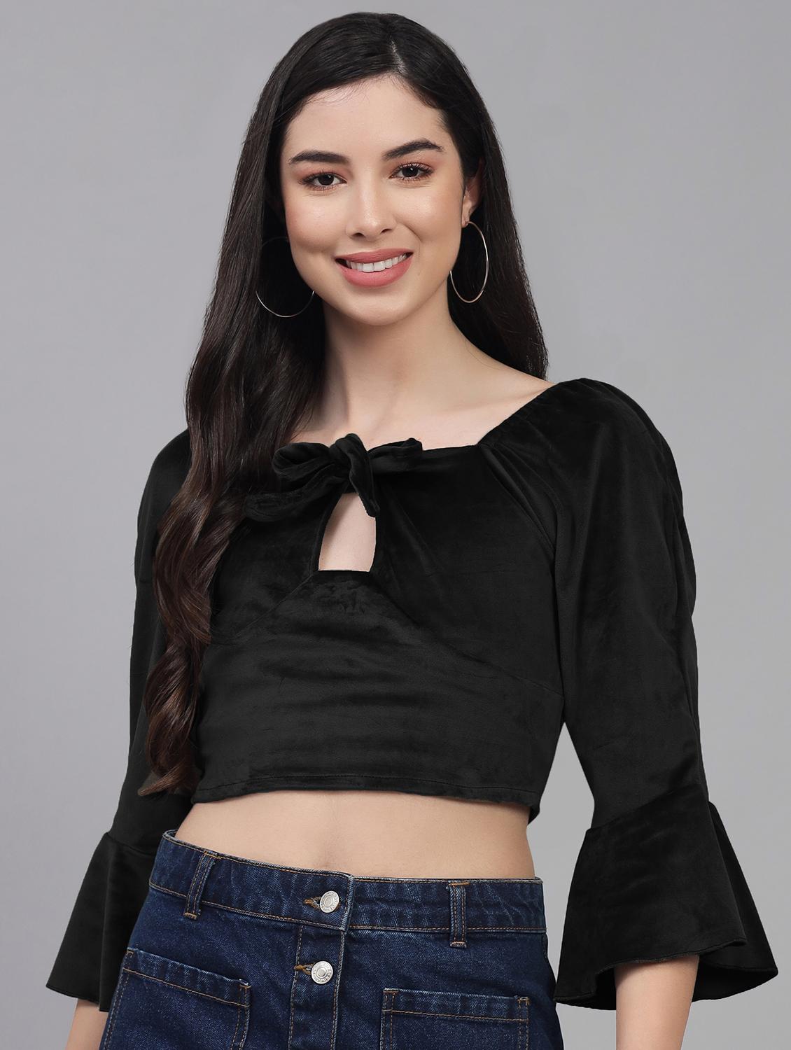 bell sleeves velvet crop top - 19408059 -  Zoom Image - 0