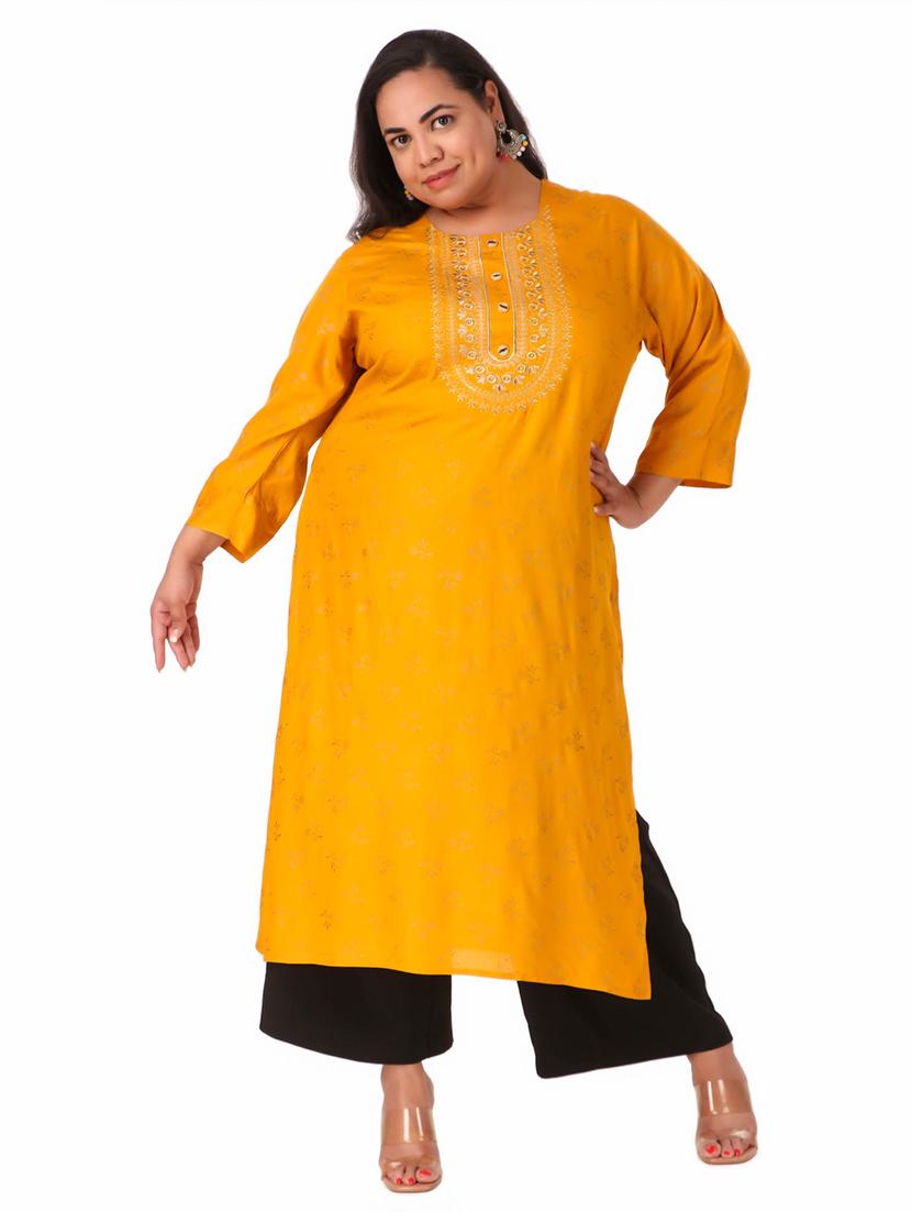 yellow self design straight kurta - 19408416 - Zoom Image - 0