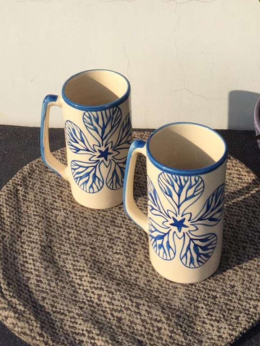 caffeine handmade ceramic cream and blue flora milk mug (set of 2)
