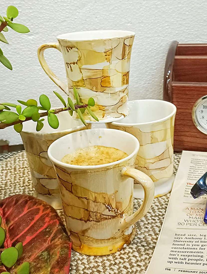 caffeine ceramic handmade yellow & gold glossy tea cup set (set of 6) - 19408750 -  Standard Image - 3