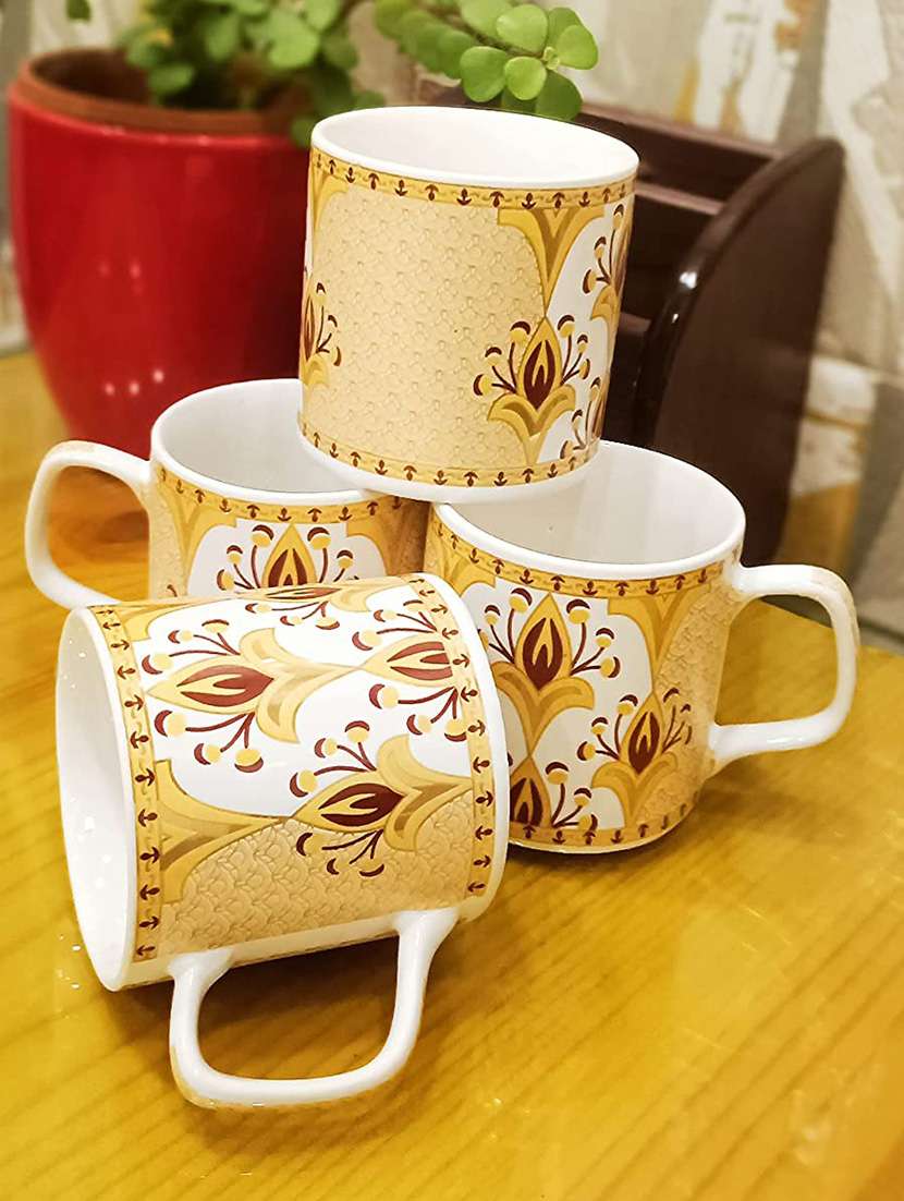 caffeine ceramic handmade yellow gold pattern tea cup set (set of 4)