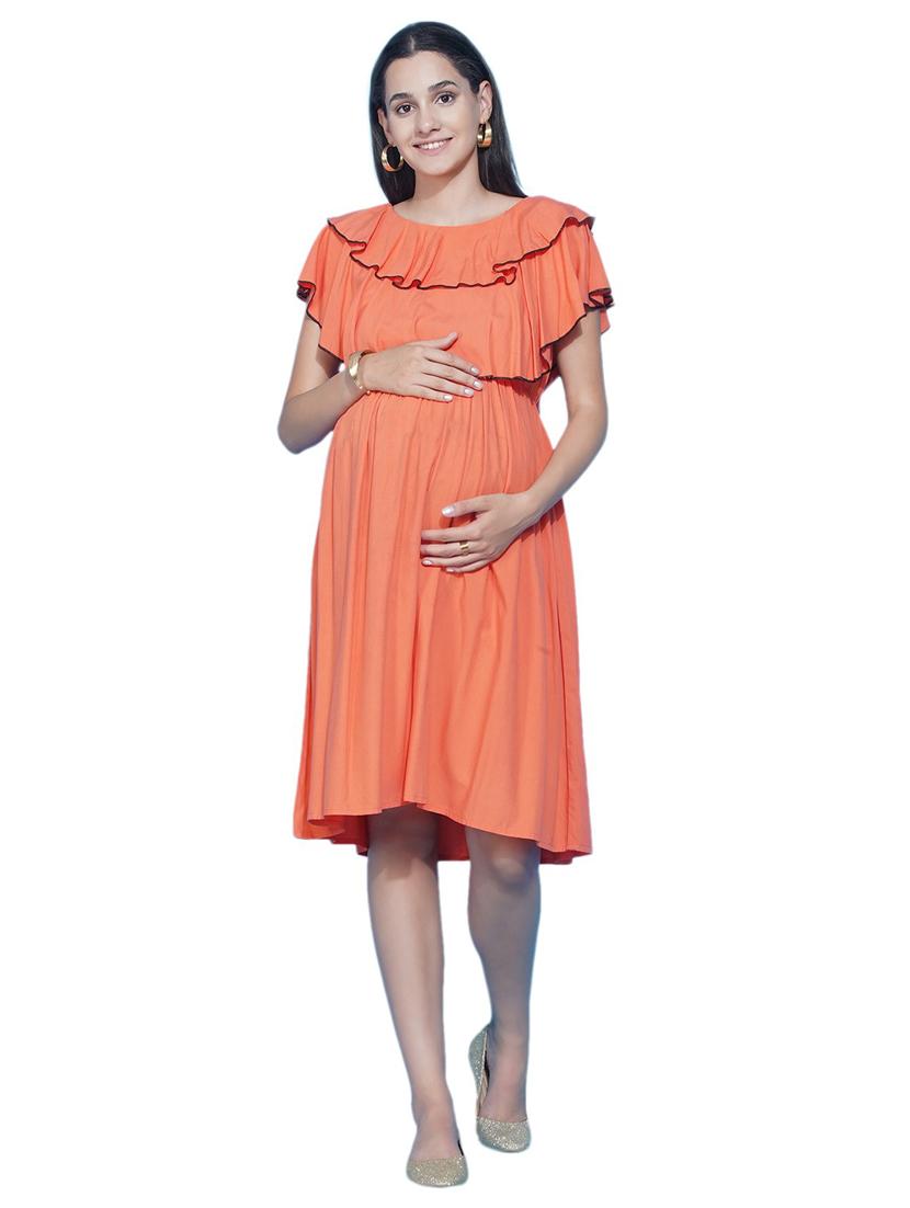 orange ruffled neck maternity dress - 19409309 - Zoom Image - 0