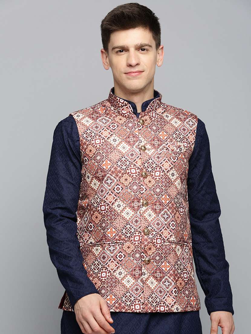 mandarin collar printed nehru jacket