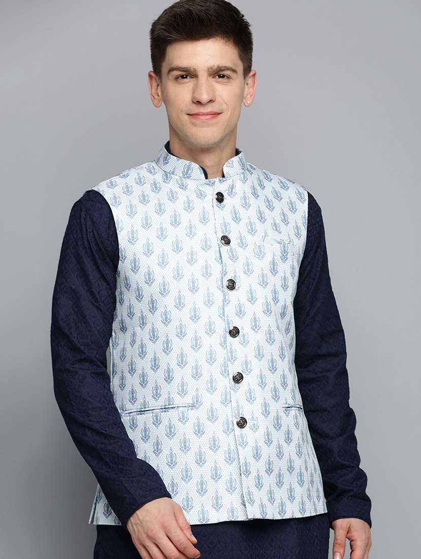 mandarin collar printed nehru jacket