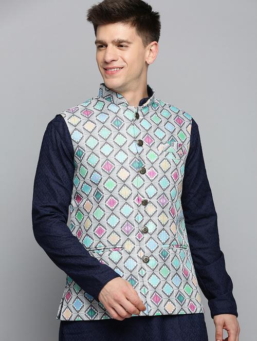 mandarin collar printed nehru jacket - 19409477 - Standard Image - 0