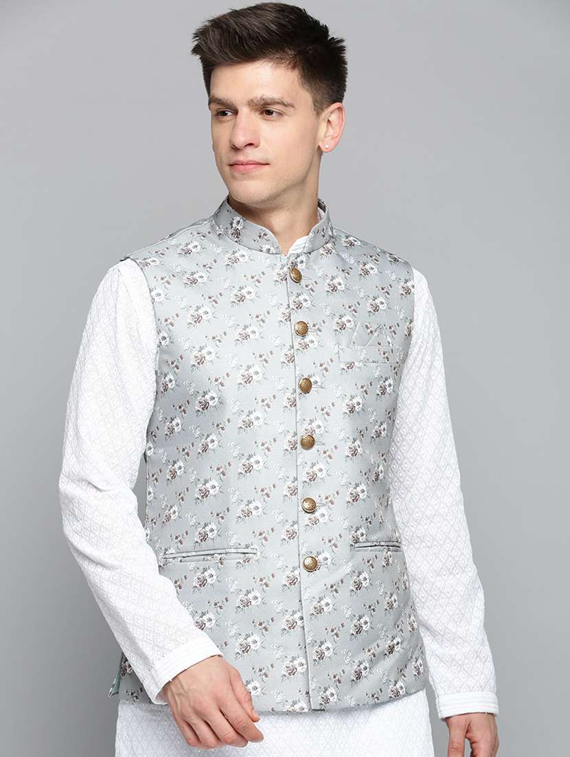 mandarin collar printed nehru jacket