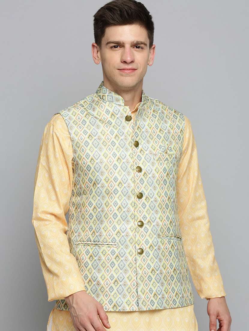 mandarin collar printed nehru jacket