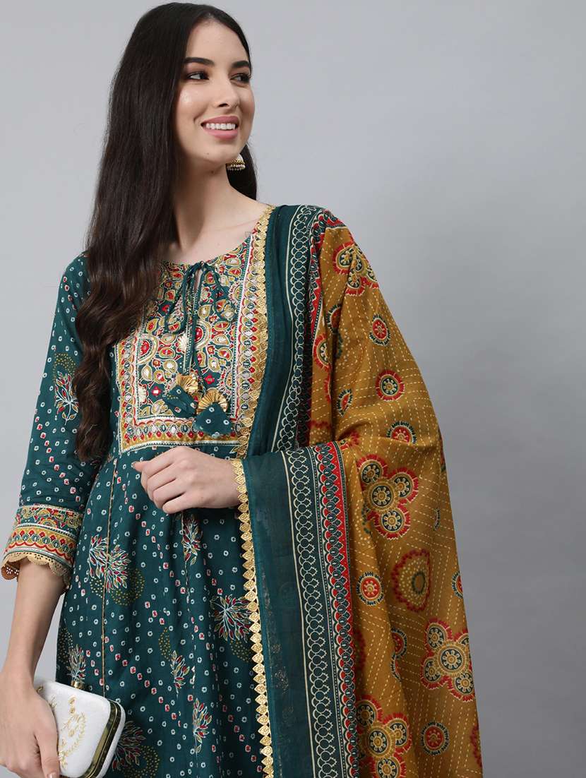 Women Three Quarter Sleeve Anarkali Kurta Pant With Dupatta Set