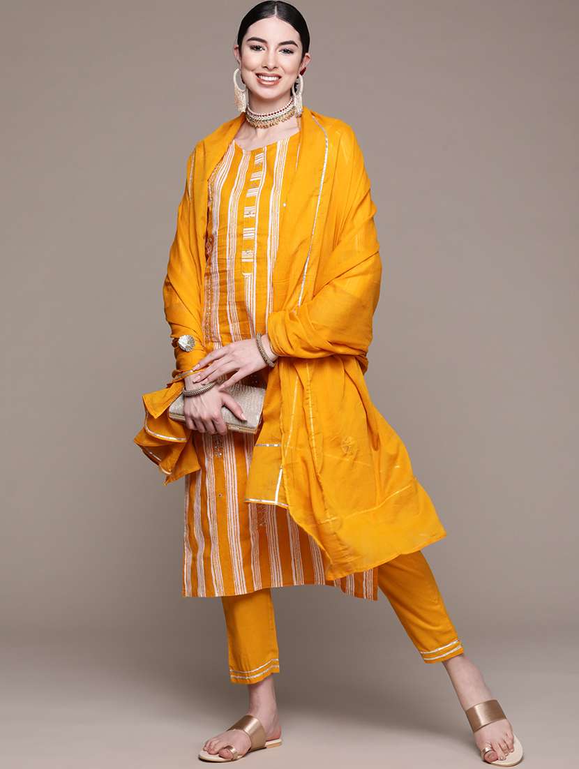 yellow stripes kurta and pant set with dupatta