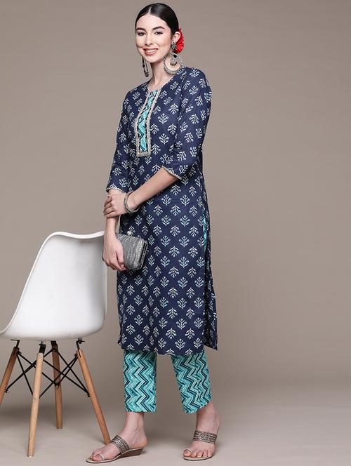 women navy blue round neck kurta pant set - 19412578 - Standard Image - 0