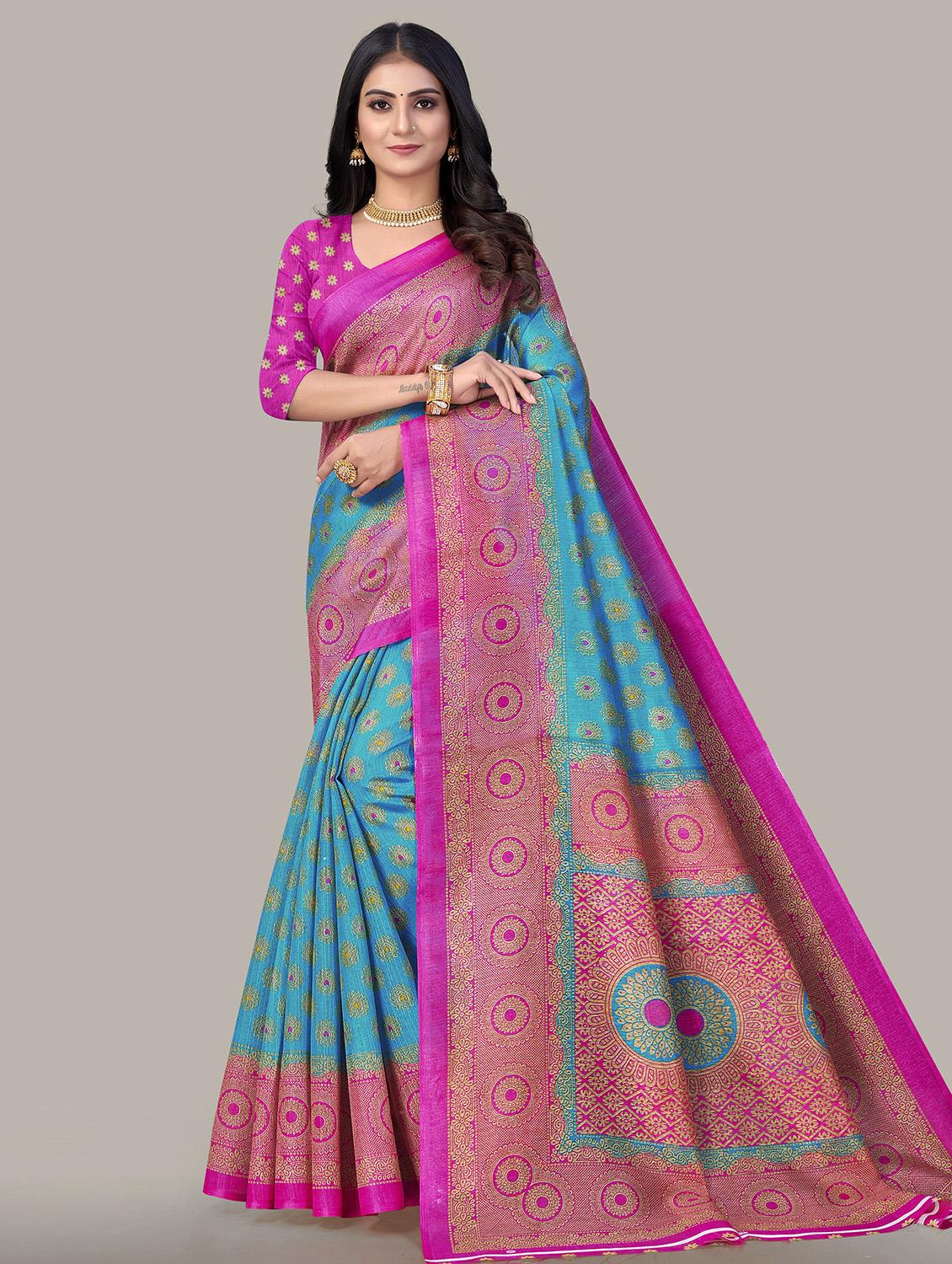 turquoise printed saree with blouse - 19413526 -  Zoom Image - 0