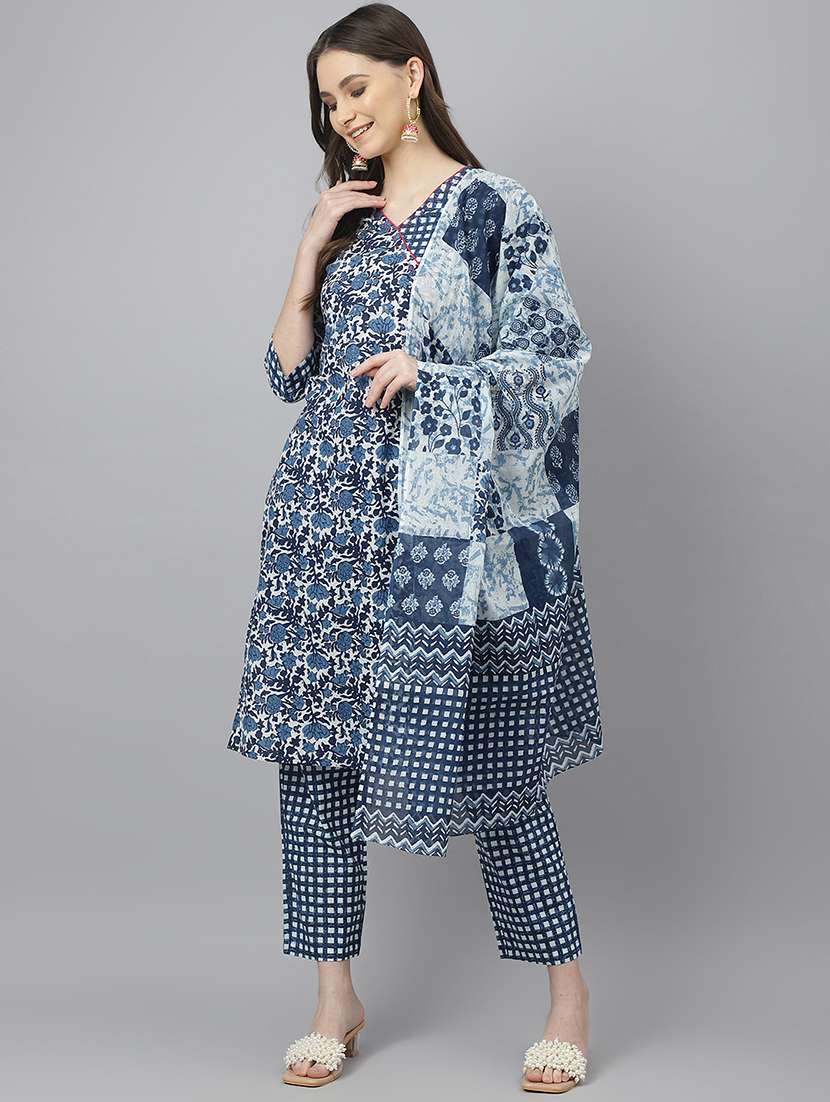 blue printed kurta, pant & dupatta set - 19416159 -  Zoom Image - 0