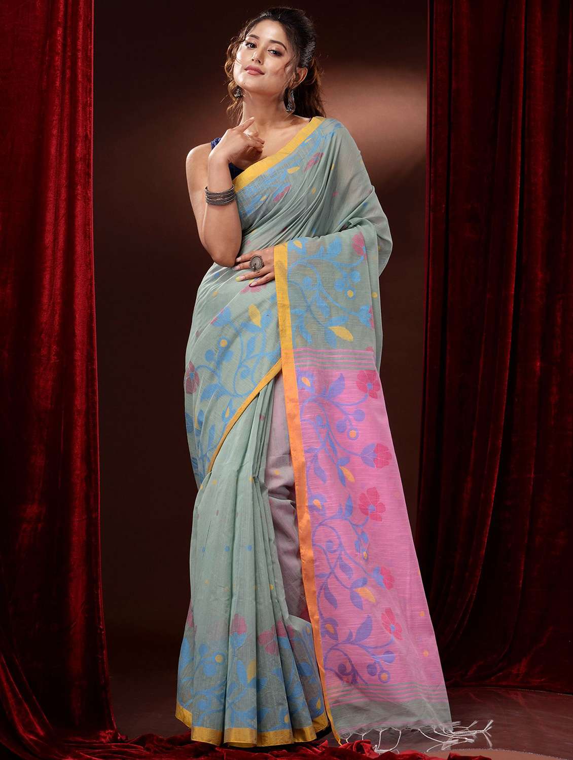 women's self design neo mint colored saree with blouse