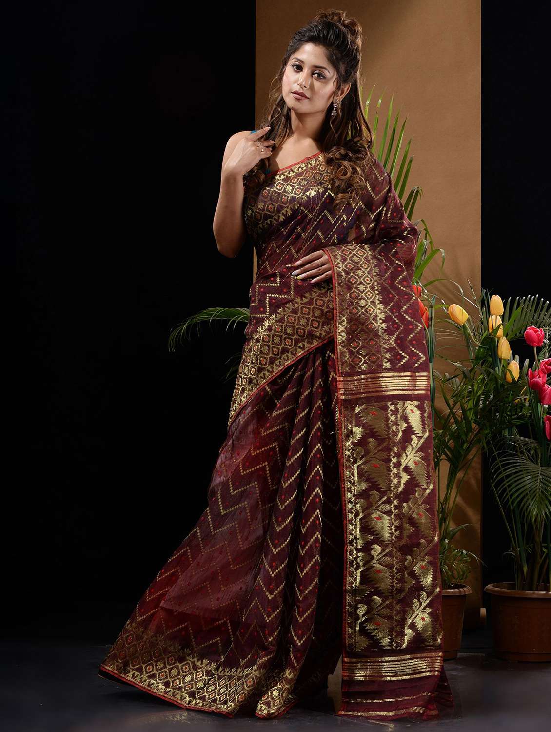 brown cotton handloom saree with blouse