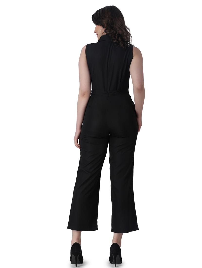 black solid lapel neck full leg jumpsuit - 19421990 - Standard Image - 3