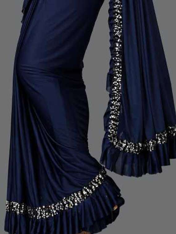 women's solid with work navy blue colored saree with blouse - 19423976 -  Standard Image - 3