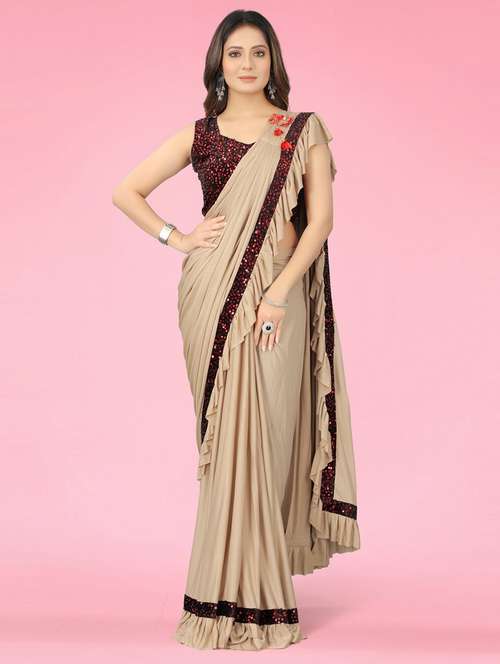 women's bordered beige colored saree with blouse - 19424138 -  Standard Image - 0