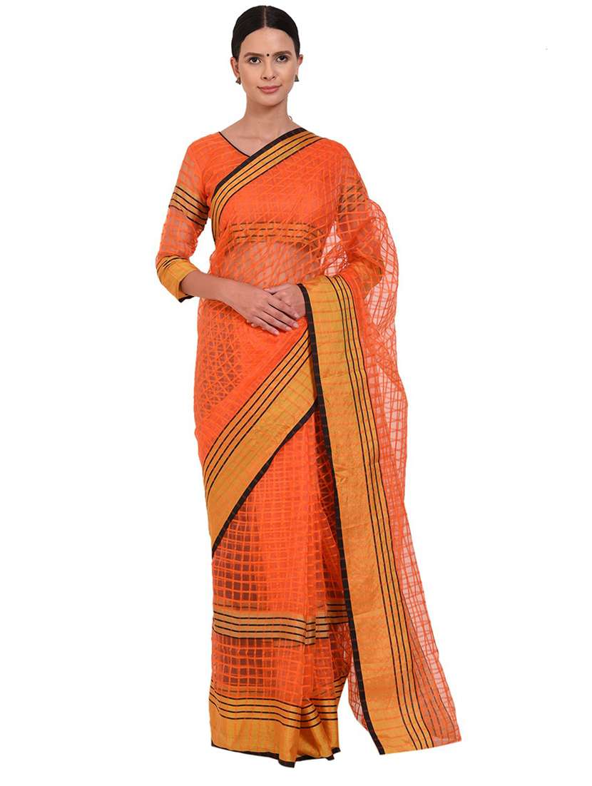 women's checks orange colored saree with blouse