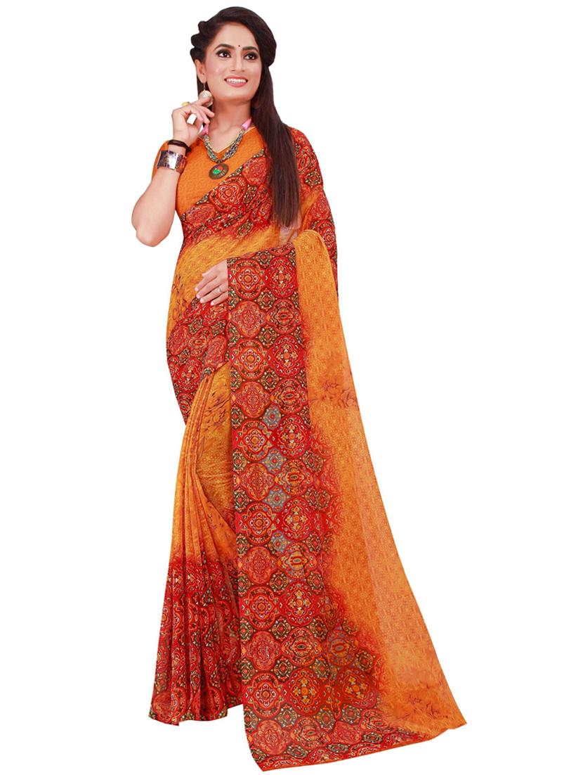 orange printed saree with blouse - 19429912 - Zoom Image - 0
