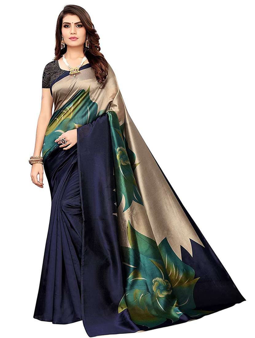 women's self design navy blue colored saree with blouse